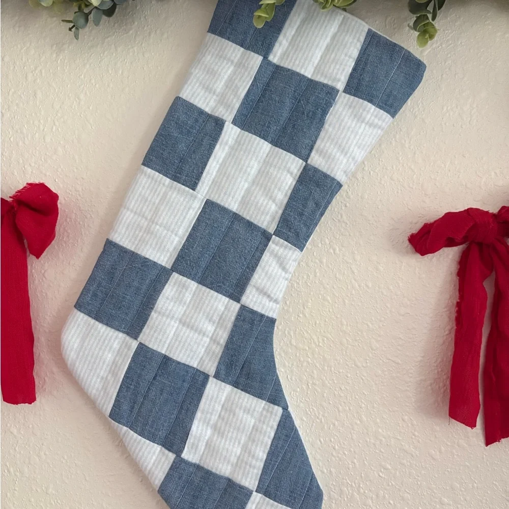 Blue and White Checkered Holiday Stocking